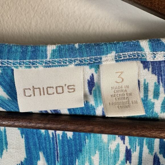 CHICOS Size 3 US XL Teal Paisley Print V- Neck Tunic Top Asymmetric Hem Boho - Picture 4 of 7